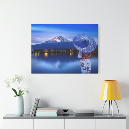 Classic Canvas - Woman wearing Japanese traditional kimono at Fuji mountain, Kawaguchiko lake in Japan - Multiple sizes - blue sides - great quality - Green Forest Home