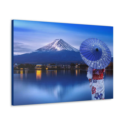 Classic Canvas - Woman wearing Japanese traditional kimono at Fuji mountain, Kawaguchiko lake in Japan - Multiple sizes - blue sides - great quality - Green Forest Home