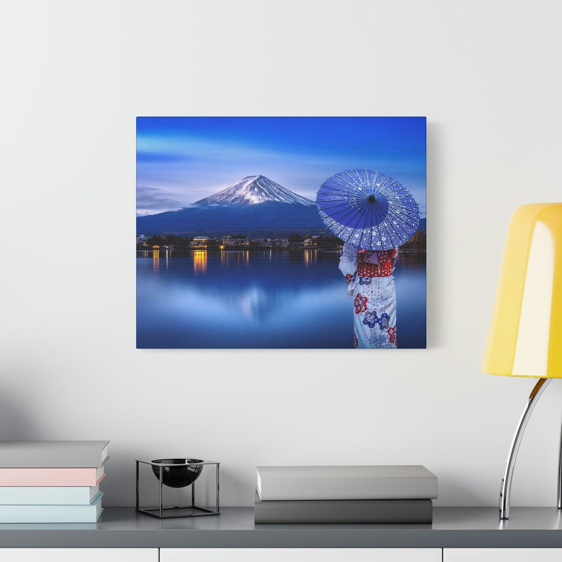 Classic Canvas - Woman wearing Japanese traditional kimono at Fuji mountain, Kawaguchiko lake in Japan - Multiple sizes - blue sides - great quality - Green Forest Home
