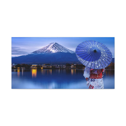 Classic Canvas - Woman wearing Japanese traditional kimono at Fuji mountain, Kawaguchiko lake in Japan - Multiple sizes - blue sides - great quality - Green Forest Home