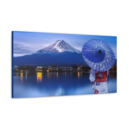 Classic Canvas - Woman wearing Japanese traditional kimono at Fuji mountain, Kawaguchiko lake in Japan - Multiple sizes - blue sides - great quality - Green Forest Home