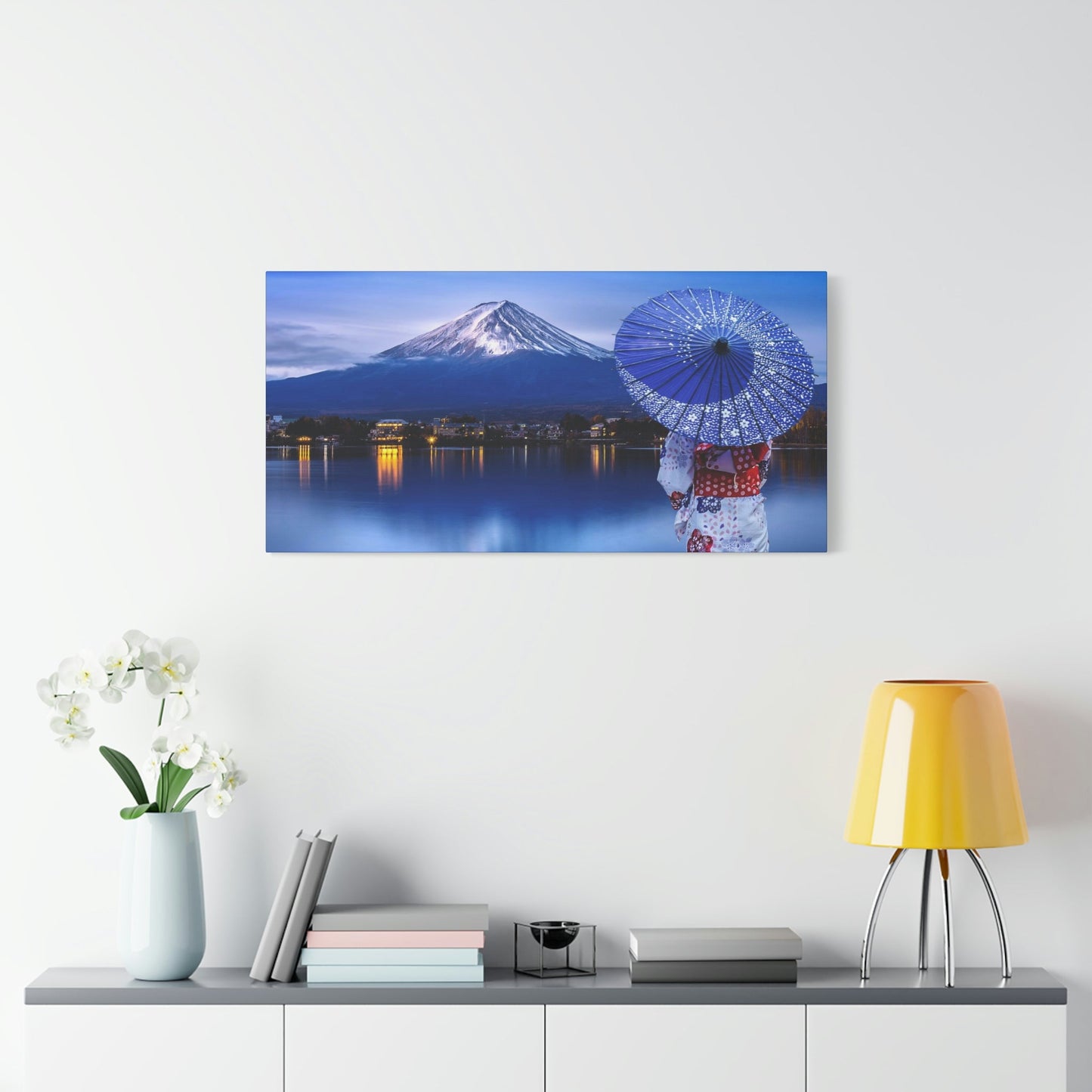 Classic Canvas - Woman wearing Japanese traditional kimono at Fuji mountain, Kawaguchiko lake in Japan - Multiple sizes - blue sides - great quality - Green Forest Home