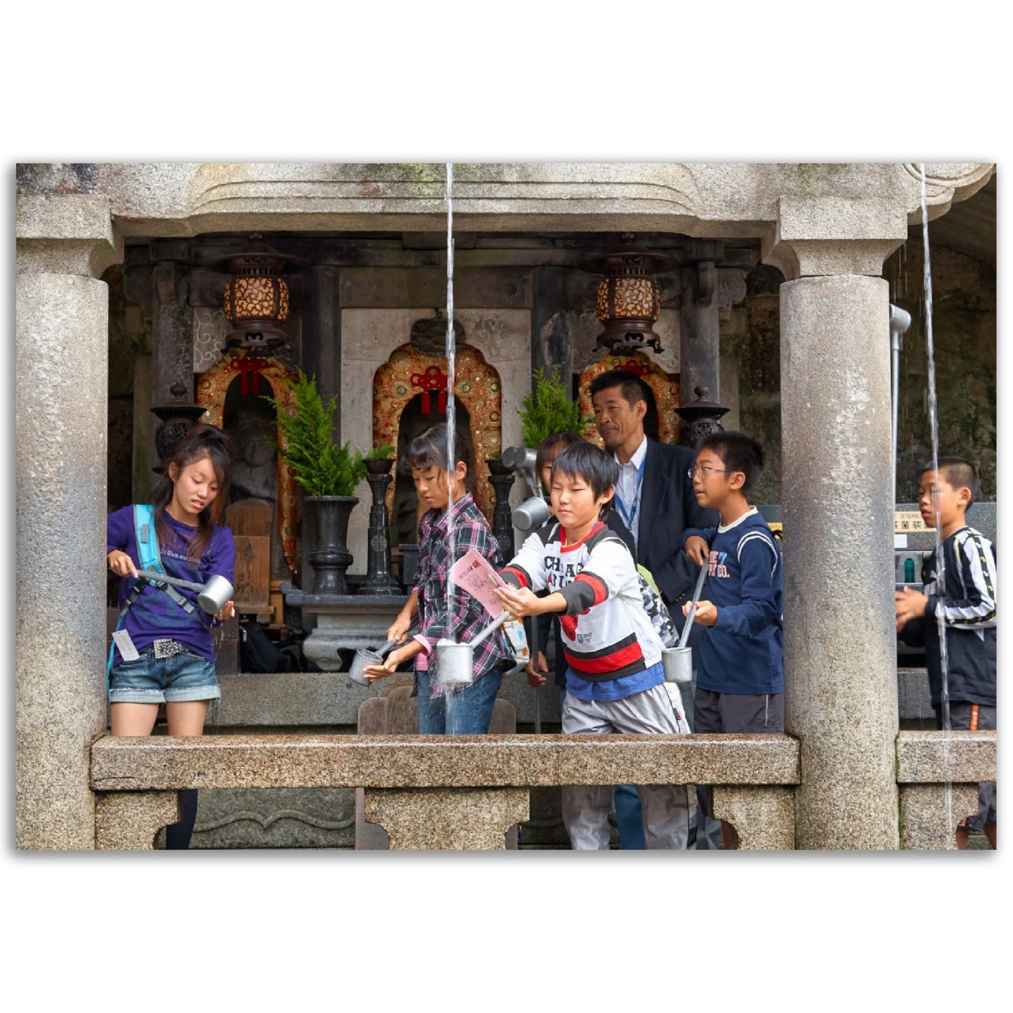 Classic Matte Paper Poster - Students at the Otowa waterfall catching the water of one of the three separate streams for health, longevity, and learning success. Kiyomizu-dera temple - JAPAN - Green Forest Home