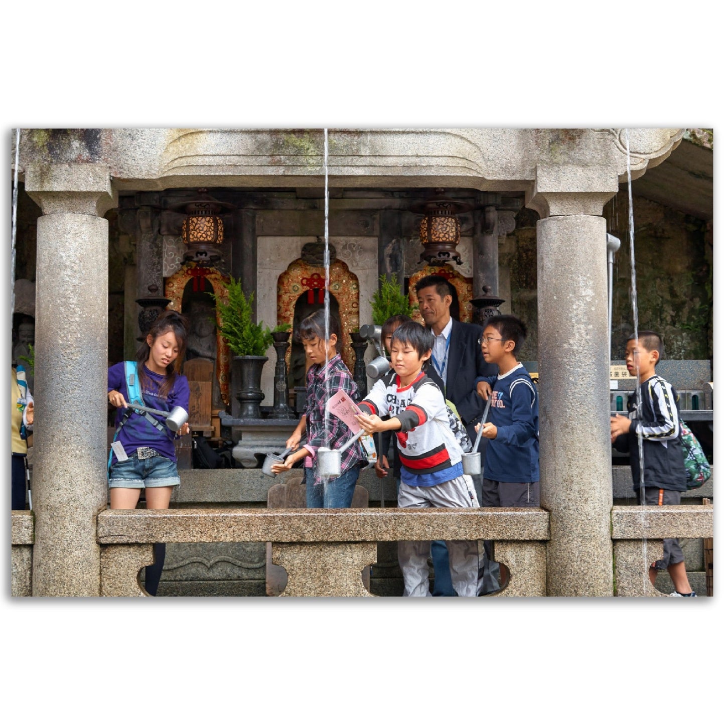 Classic Matte Paper Poster - Students at the Otowa waterfall catching the water of one of the three separate streams for health, longevity, and learning success. Kiyomizu-dera temple - JAPAN - Green Forest Home