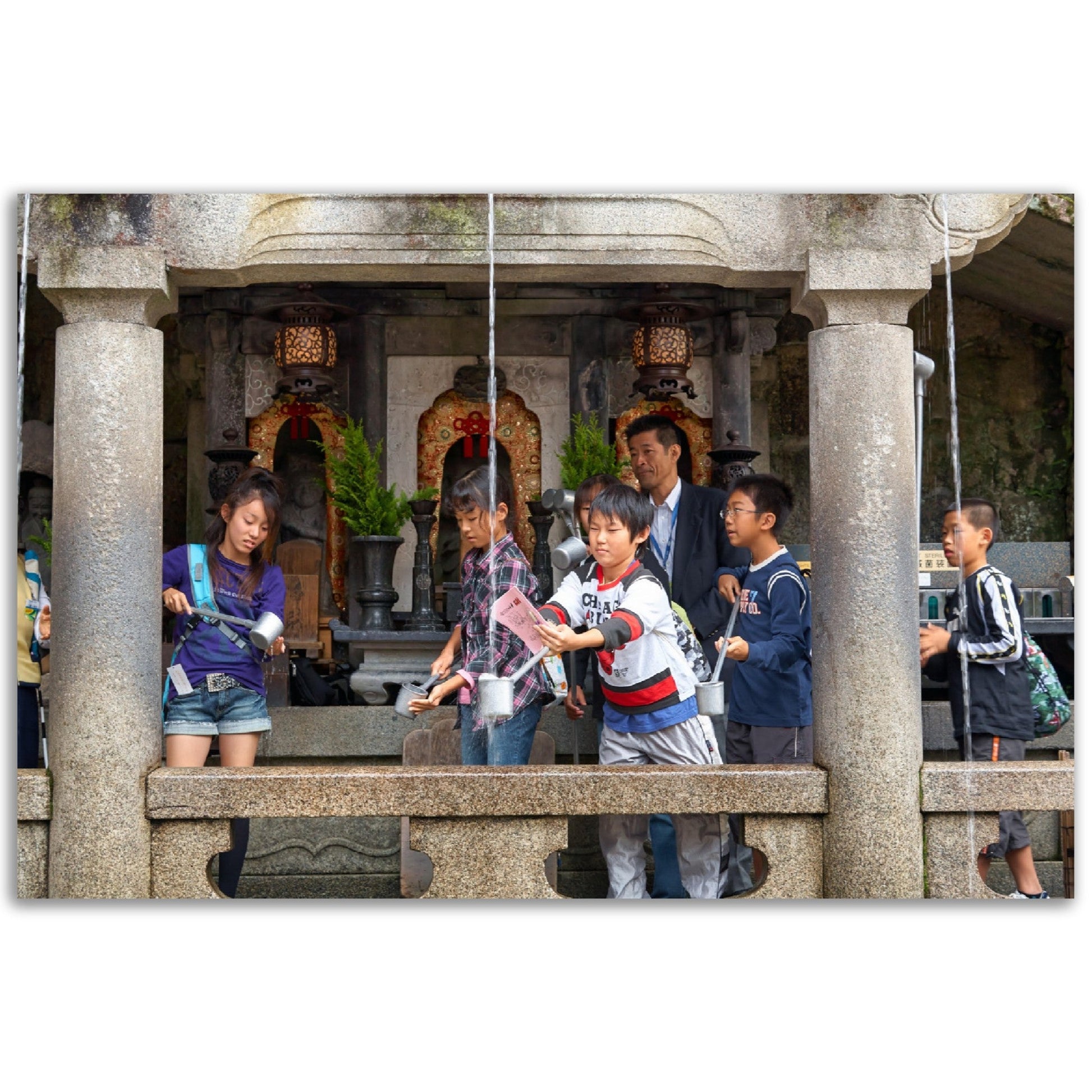 Classic Matte Paper Poster - Students at the Otowa waterfall catching the water of one of the three separate streams for health, longevity, and learning success. Kiyomizu-dera temple - JAPAN - Green Forest Home