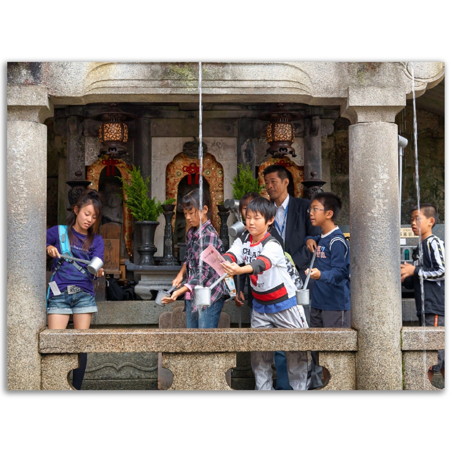 Classic Matte Paper Poster - Students at the Otowa waterfall catching the water of one of the three separate streams for health, longevity, and learning success. Kiyomizu-dera temple - JAPAN - Green Forest Home