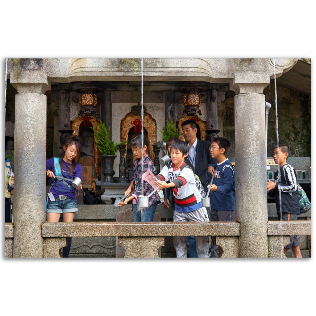 Classic Matte Paper Poster - Students at the Otowa waterfall catching the water of one of the three separate streams for health, longevity, and learning success. Kiyomizu-dera temple - JAPAN - Green Forest Home