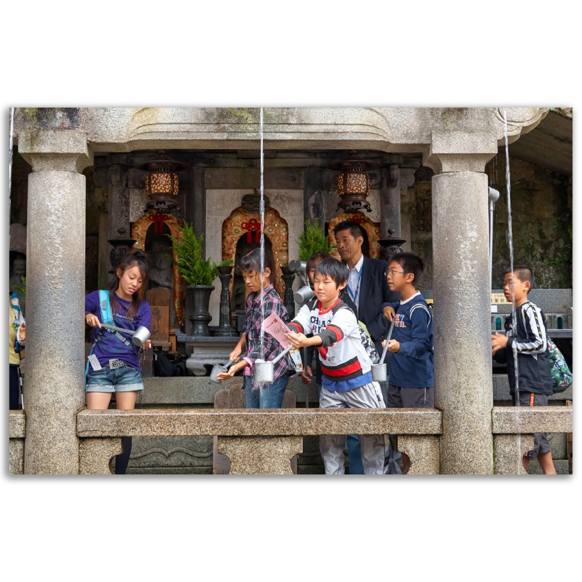 Classic Matte Paper Poster - Students at the Otowa waterfall catching the water of one of the three separate streams for health, longevity, and learning success. Kiyomizu-dera temple - JAPAN - Green Forest Home