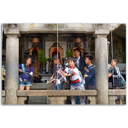 Classic Matte Paper Poster - Students at the Otowa waterfall catching the water of one of the three separate streams for health, longevity, and learning success. Kiyomizu-dera temple - JAPAN - Green Forest Home
