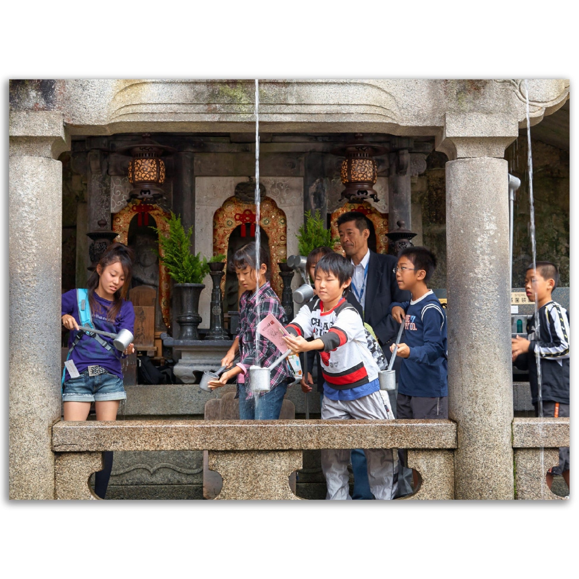 Classic Matte Paper Poster - Students at the Otowa waterfall catching the water of one of the three separate streams for health, longevity, and learning success. Kiyomizu-dera temple - JAPAN - Green Forest Home