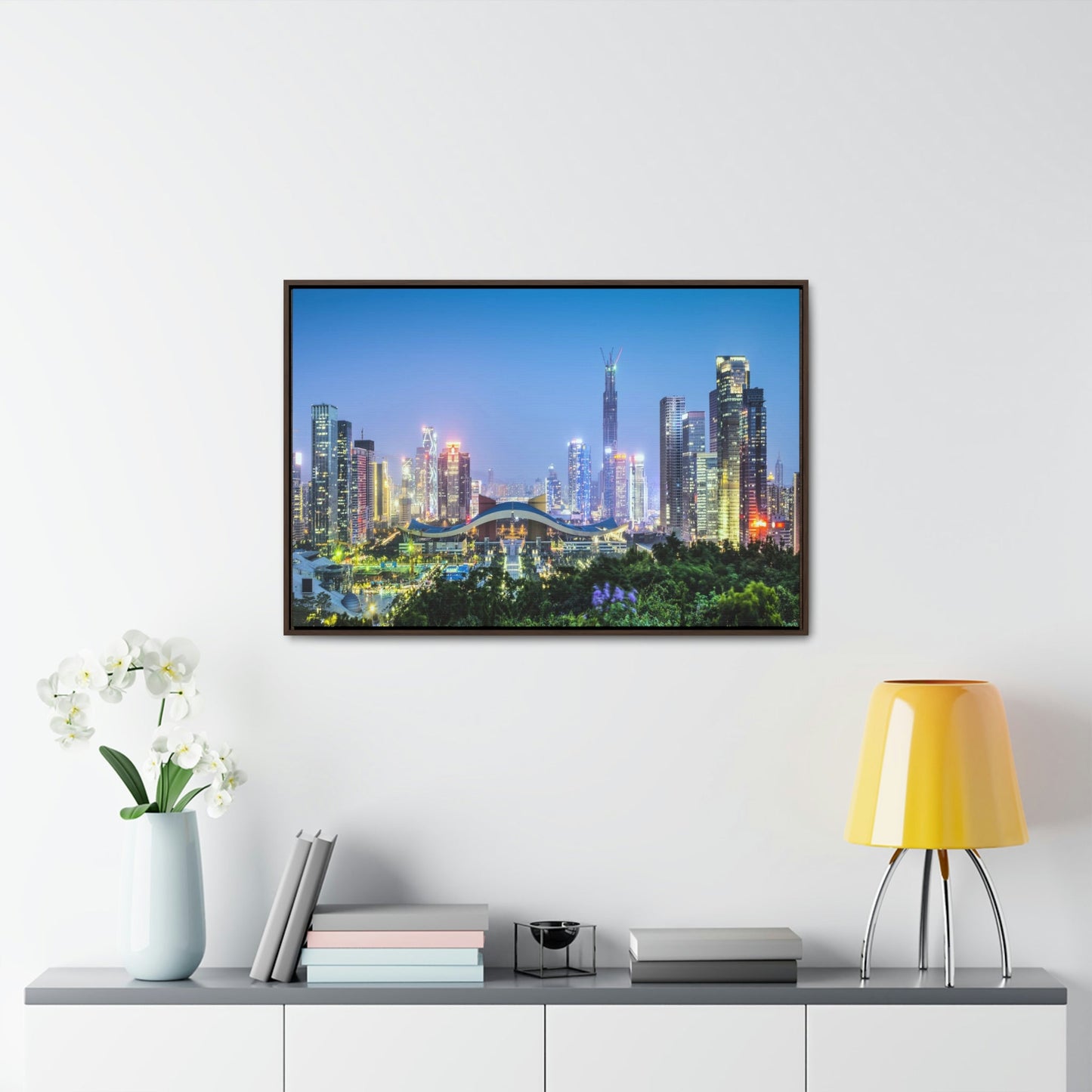 GREAT CHINA COLLECTION: Horizontal Framed Premium Gallery Wrap Canvas - Shenzhen, China city skyline at twilight - Green Forest Home