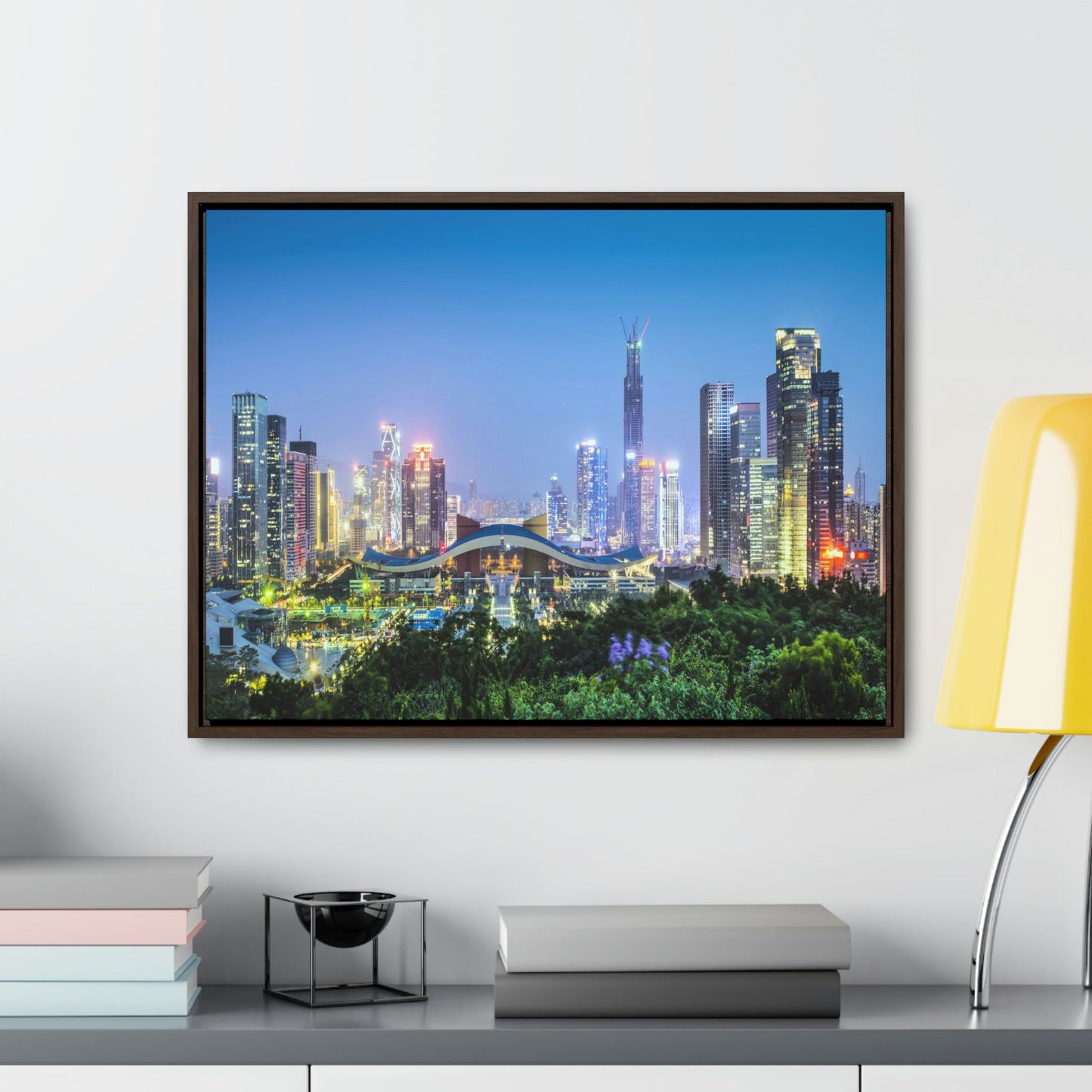 GREAT CHINA COLLECTION: Horizontal Framed Premium Gallery Wrap Canvas - Shenzhen, China city skyline at twilight - Green Forest Home