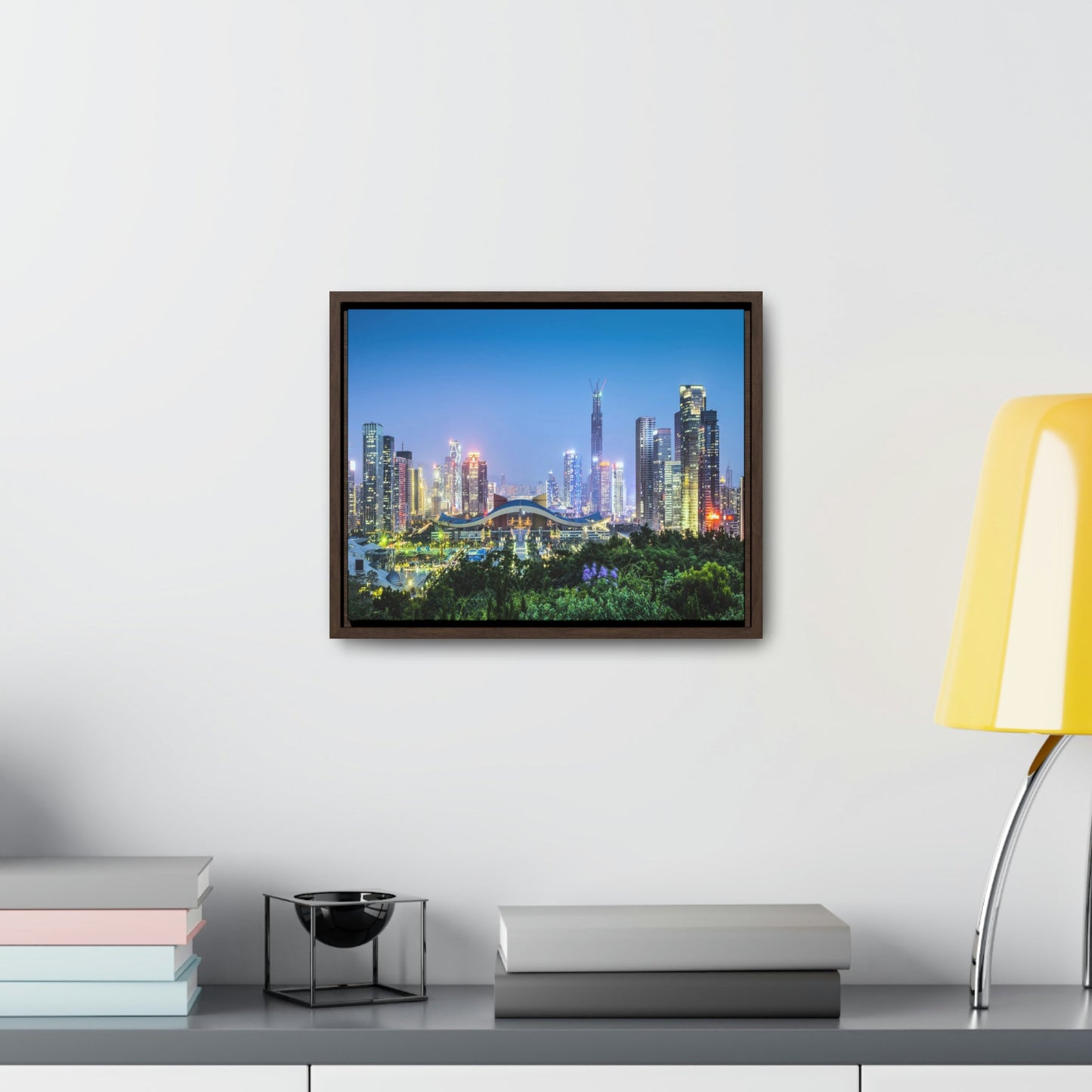 GREAT CHINA COLLECTION: Horizontal Framed Premium Gallery Wrap Canvas - Shenzhen, China city skyline at twilight - Green Forest Home
