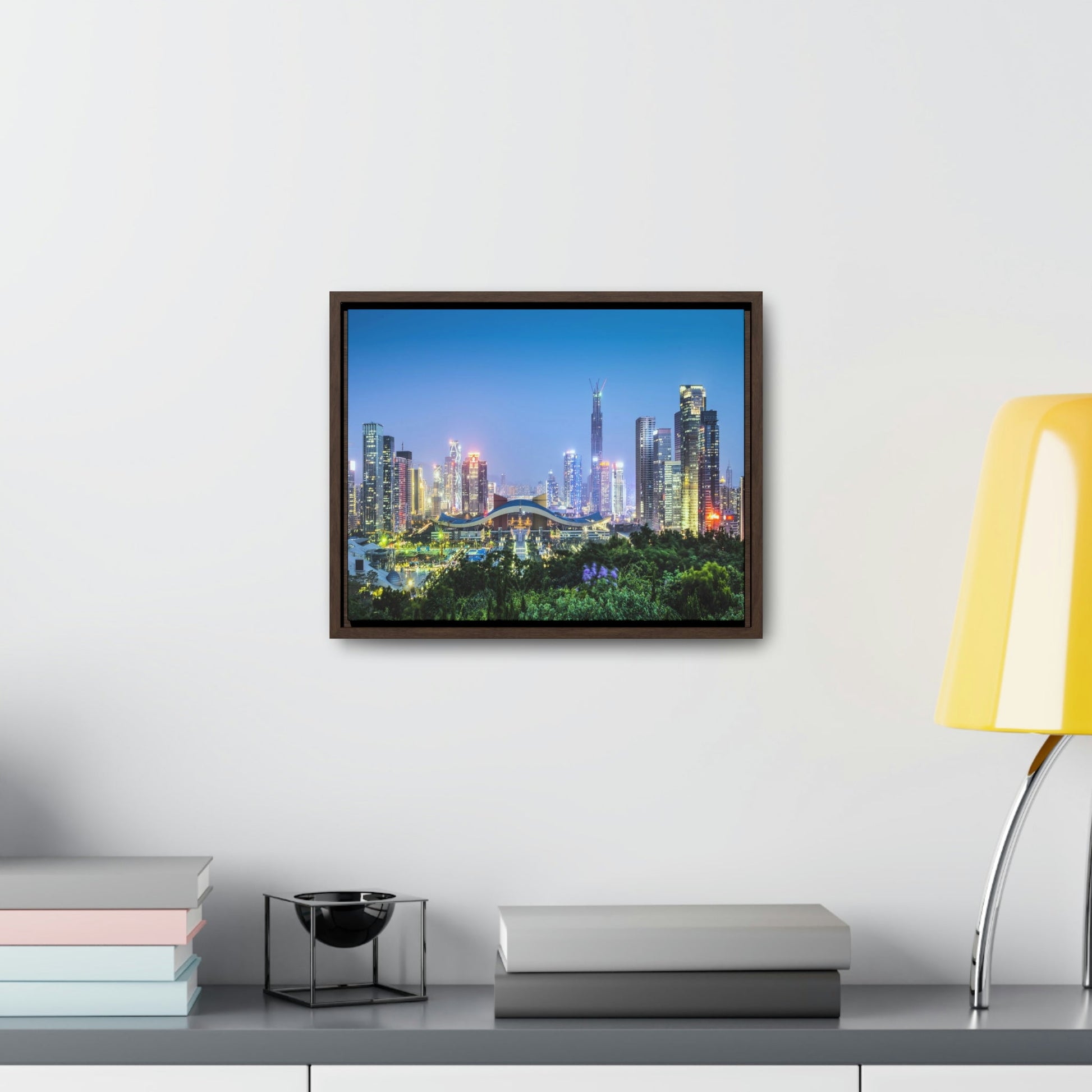 GREAT CHINA COLLECTION: Horizontal Framed Premium Gallery Wrap Canvas - Shenzhen, China city skyline at twilight - Green Forest Home