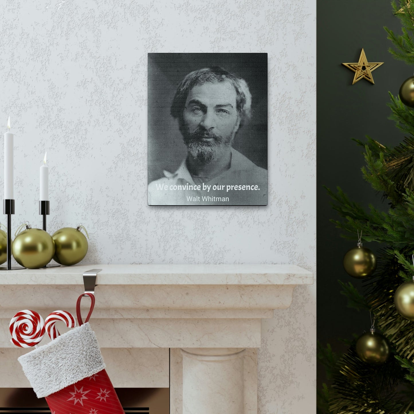 History & Poets - SMALL Canvas Gallery Wraps - Made in USA - The remarkable Walt Whitman - author of Leaves of Grass - spiritual and a great influence - quote: We convince by our presence - Green Forest Home