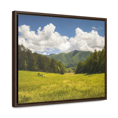 Horizontal Framed Premium Gallery Wrap Canvas - Cades Cove - Celebrating the Great Smoky Mountain National Park - Green Forest Home