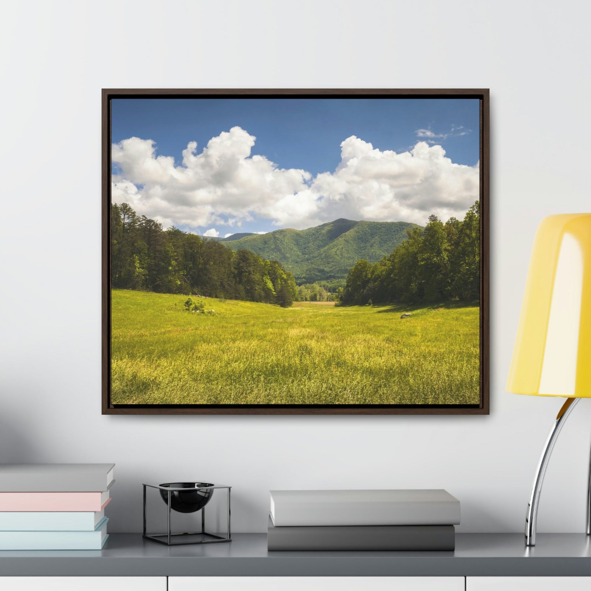 Horizontal Framed Premium Gallery Wrap Canvas - Cades Cove - Celebrating the Great Smoky Mountain National Park - Green Forest Home