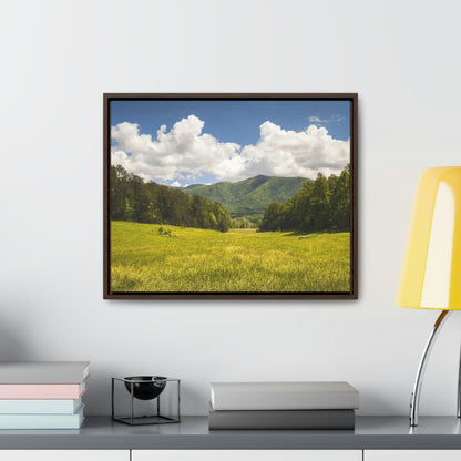 Horizontal Framed Premium Gallery Wrap Canvas - Cades Cove - Celebrating the Great Smoky Mountain National Park - Green Forest Home