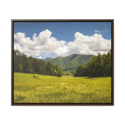 Horizontal Framed Premium Gallery Wrap Canvas - Cades Cove - Celebrating the Great Smoky Mountain National Park - Green Forest Home