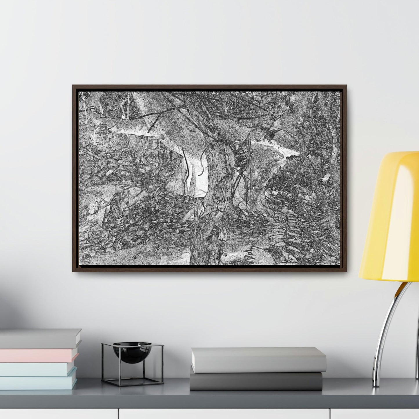 Horizontal Framed Premium Gallery Wrap Canvas - sketch image - 14 KM TRADEWINDS TRAIL - EL YUNQUE RAINFOREST PR EXPLORATION ON 2013-02-01 - OLD PAL RESTS ON TREE WHILE IT HOLDS ON ANOTHER DECAYING TREE AS BASE - THE CLOUD FOREST - BEFORE MARIA - Green Forest Home
