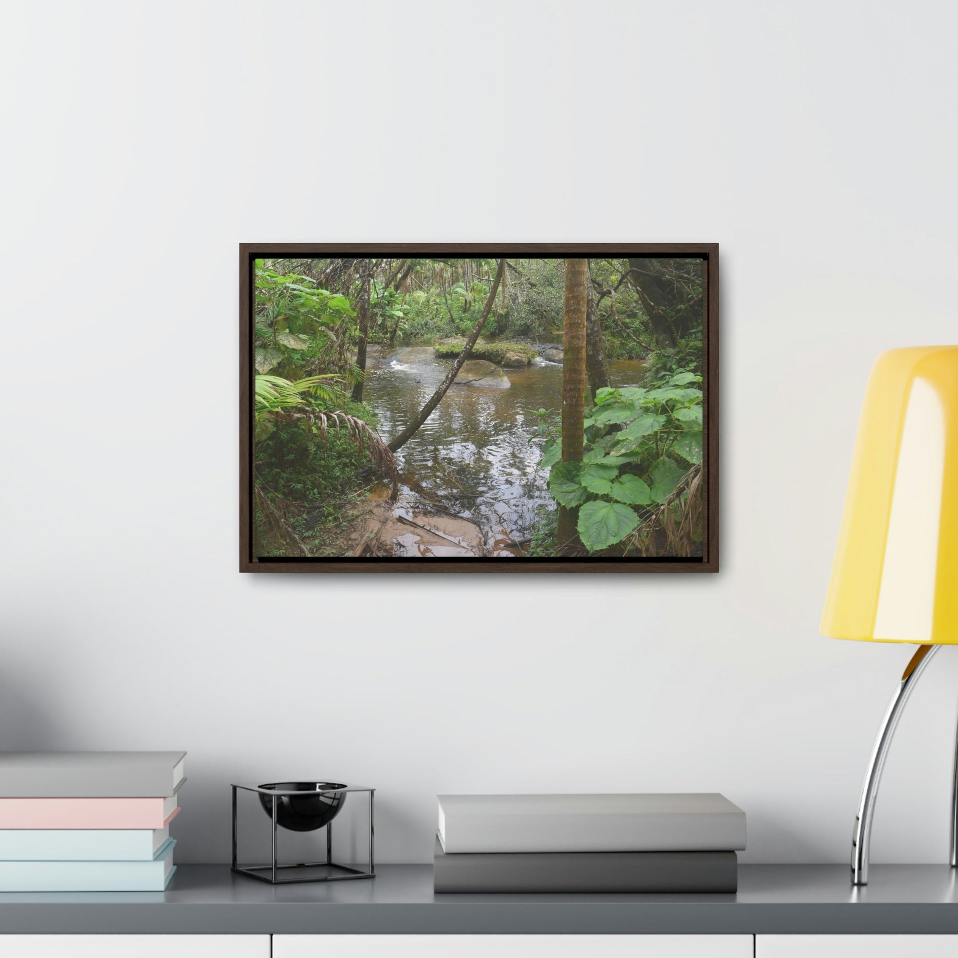 Horizontal Framed Premium Gallery Wrap Canvas - The Rio Sabana river - upper sections after Hurr. Maria - El Yunque rainforest PR - No3 - Green Forest Home