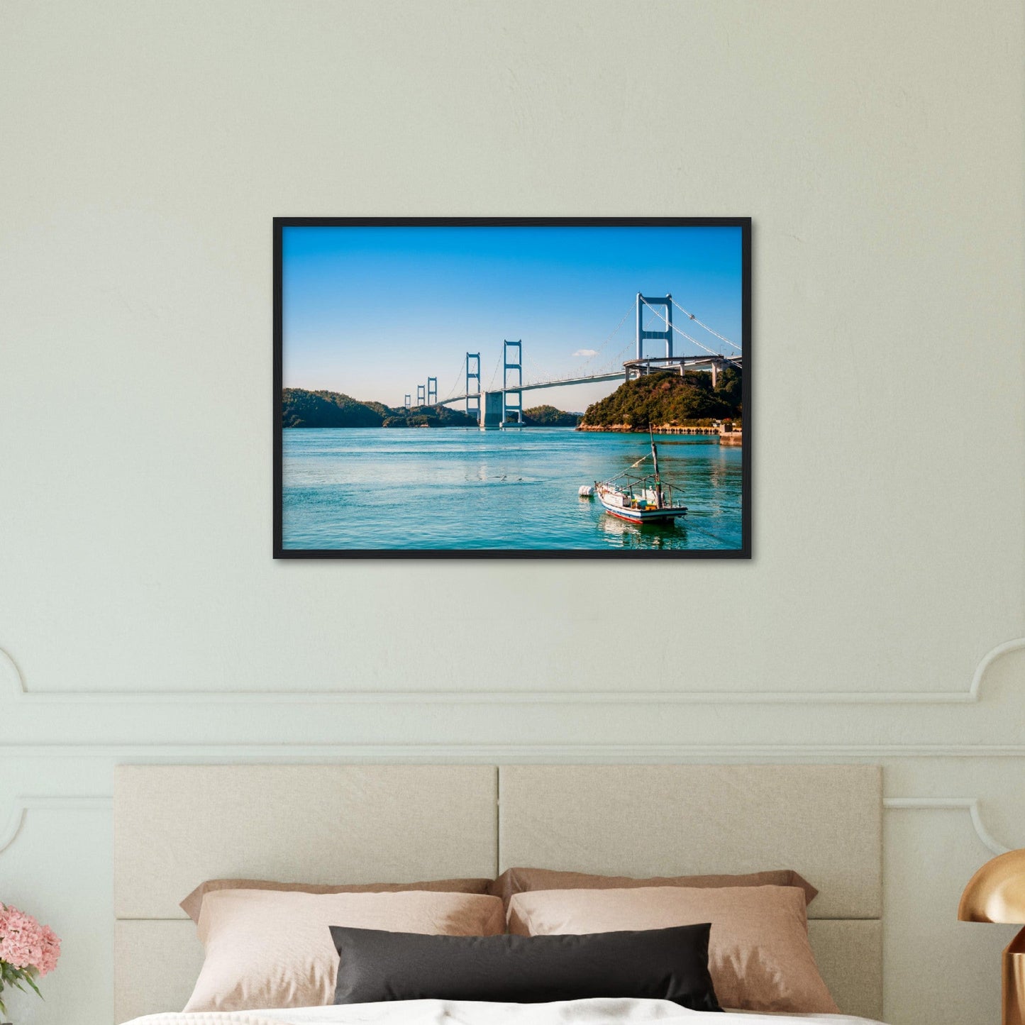 Museum-Quality Matte Paper Wooden Framed Poster - Urushima Kaikyo Bridge cross over Seto inland sea. Ehime - Japan - Green Forest Home