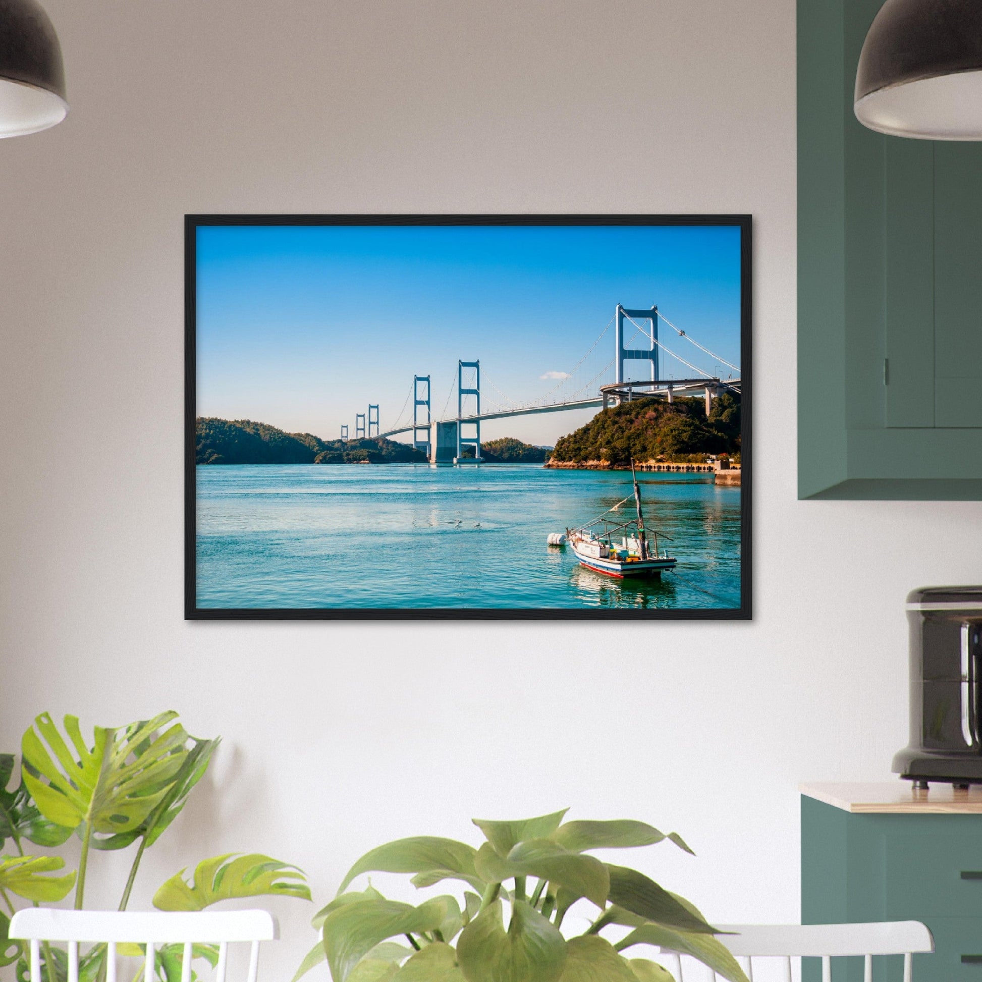 Museum-Quality Matte Paper Wooden Framed Poster - Urushima Kaikyo Bridge cross over Seto inland sea. Ehime - Japan - Green Forest Home