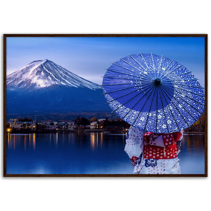 Museum-Quality Matte Paper Wooden Framed Poster - Woman wearing a Japanese traditional kimono at Fuji mountain, Kawaguchiko lake - JAPAN - Green Forest Home