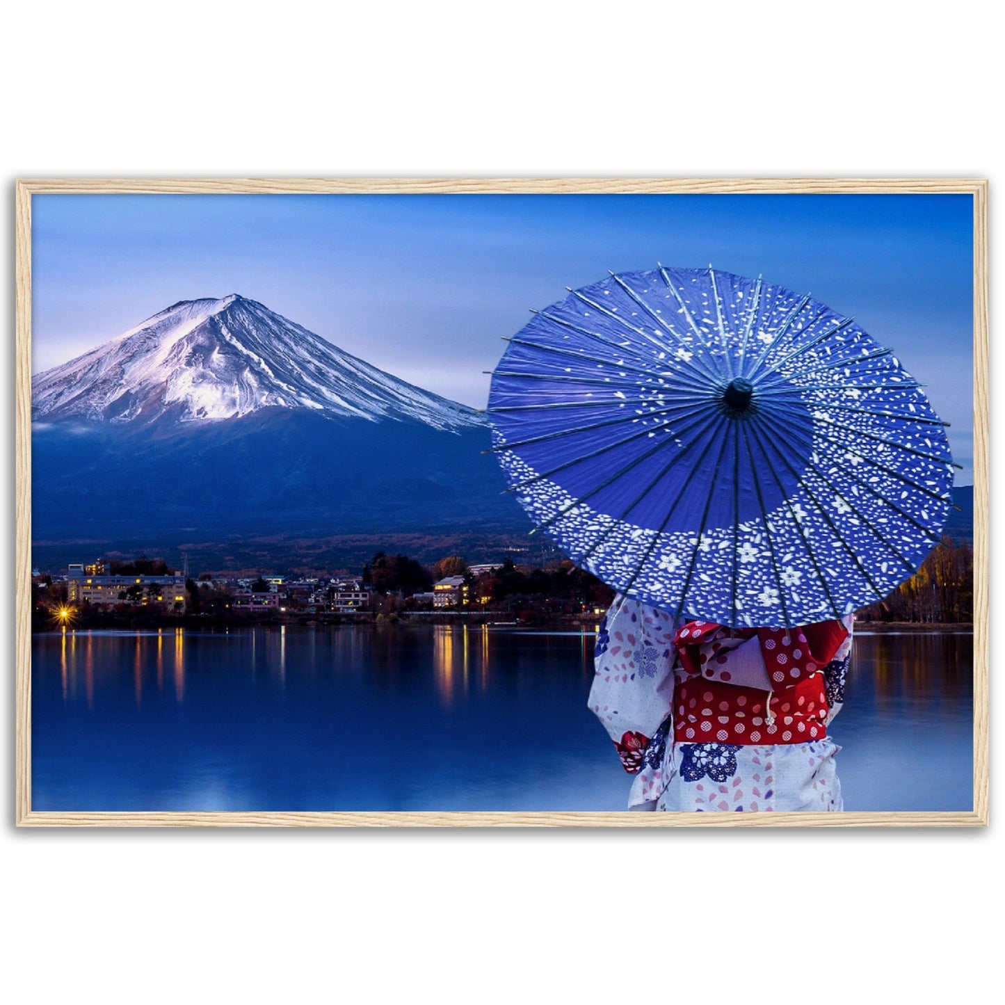 Museum-Quality Matte Paper Wooden Framed Poster - Woman wearing a Japanese traditional kimono at Fuji mountain, Kawaguchiko lake - JAPAN - Green Forest Home