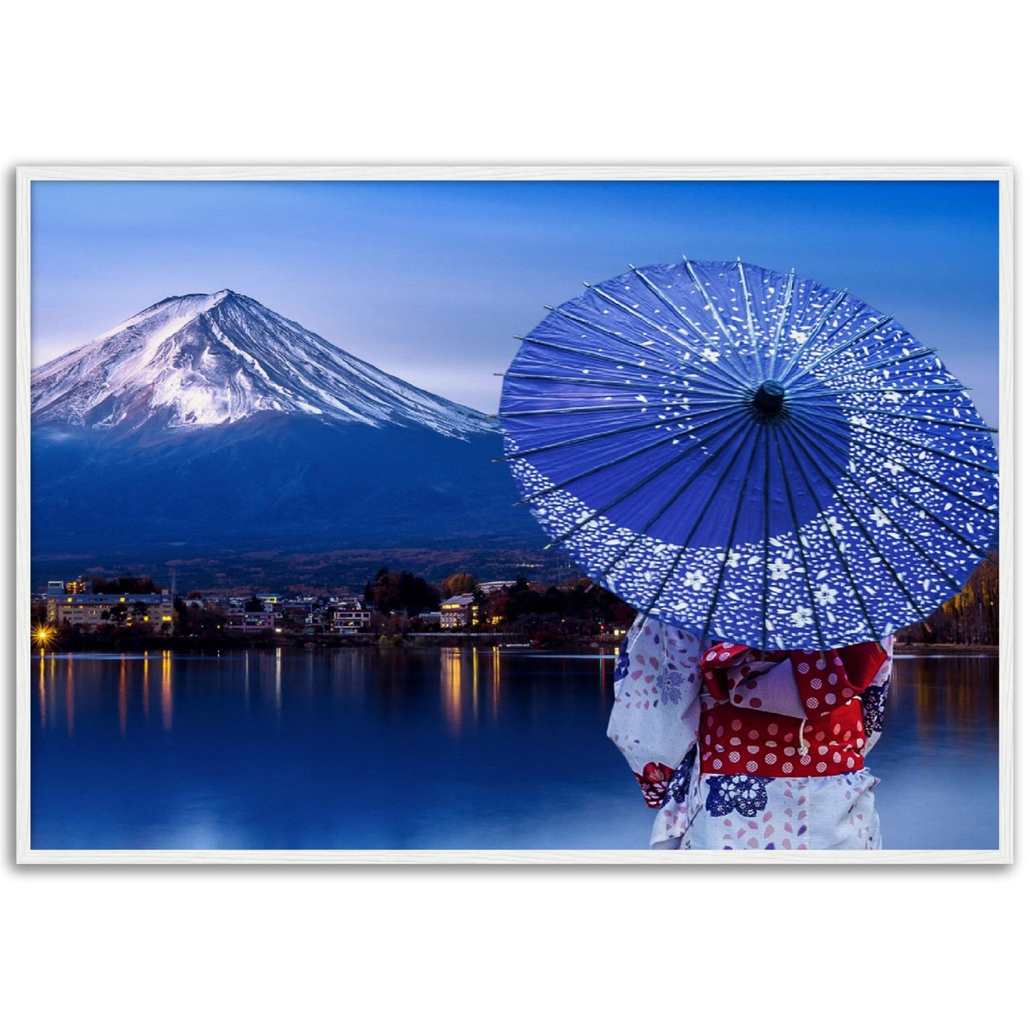 Museum-Quality Matte Paper Wooden Framed Poster - Woman wearing a Japanese traditional kimono at Fuji mountain, Kawaguchiko lake - JAPAN - Green Forest Home
