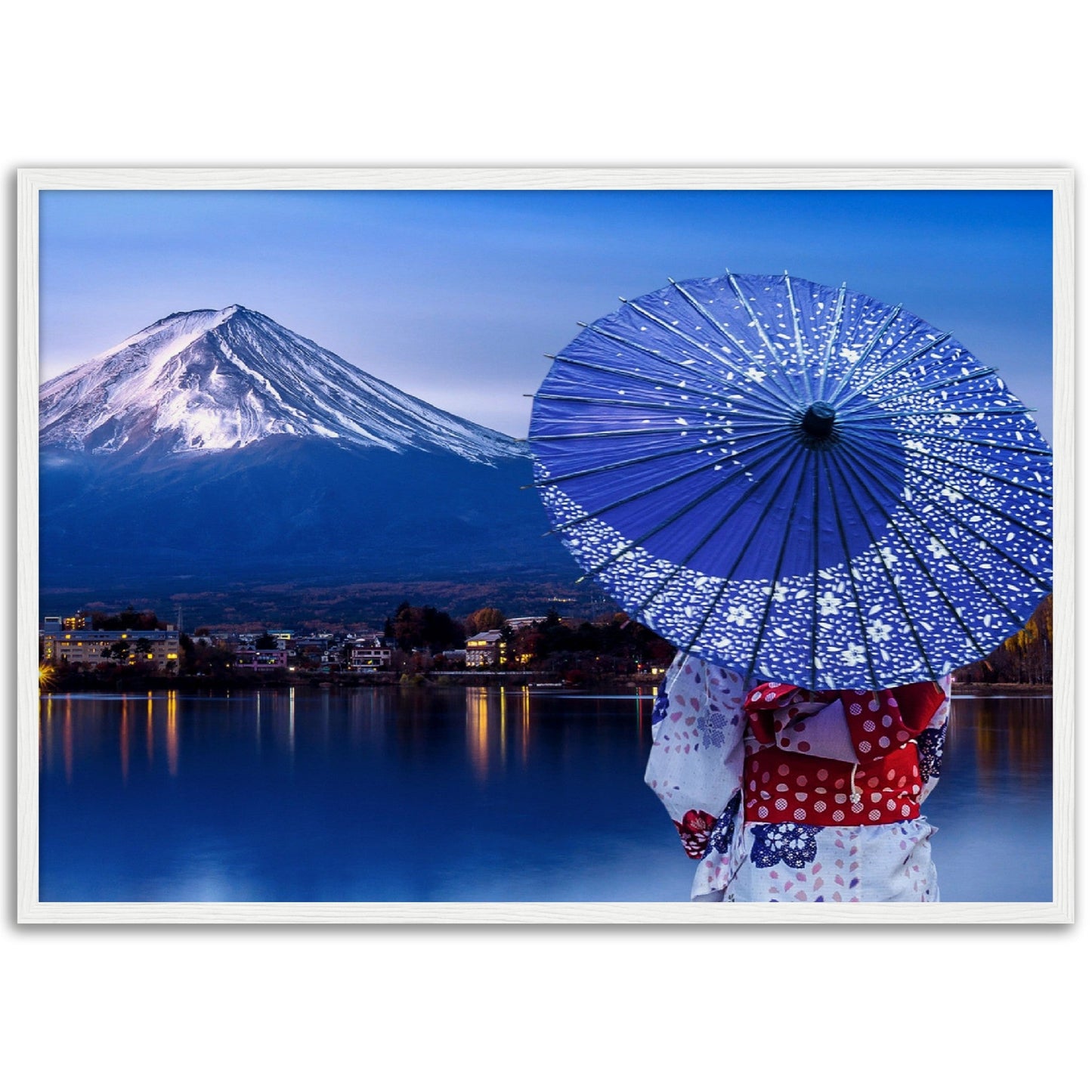 Museum-Quality Matte Paper Wooden Framed Poster - Woman wearing a Japanese traditional kimono at Fuji mountain, Kawaguchiko lake - JAPAN - Green Forest Home