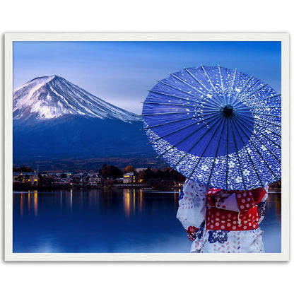 Museum-Quality Matte Paper Wooden Framed Poster - Woman wearing a Japanese traditional kimono at Fuji mountain, Kawaguchiko lake - JAPAN - Green Forest Home