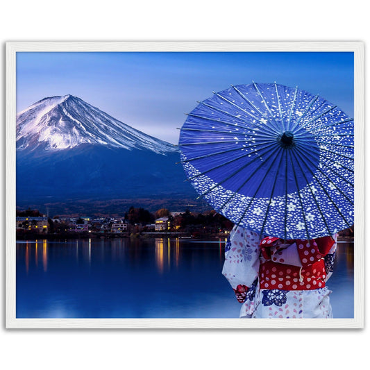 Museum-Quality Matte Paper Wooden Framed Poster - Woman wearing a Japanese traditional kimono at Fuji mountain, Kawaguchiko lake - JAPAN - Green Forest Home