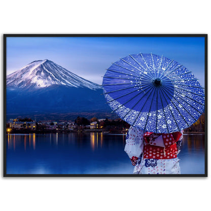 Museum-Quality Matte Paper Wooden Framed Poster - Woman wearing a Japanese traditional kimono at Fuji mountain, Kawaguchiko lake - JAPAN - Green Forest Home