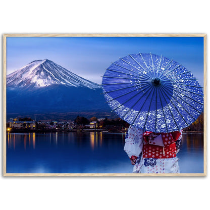 Museum-Quality Matte Paper Wooden Framed Poster - Woman wearing a Japanese traditional kimono at Fuji mountain, Kawaguchiko lake - JAPAN - Green Forest Home
