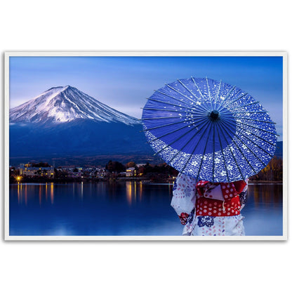 Museum-Quality Matte Paper Wooden Framed Poster - Woman wearing a Japanese traditional kimono at Fuji mountain, Kawaguchiko lake - JAPAN - Green Forest Home
