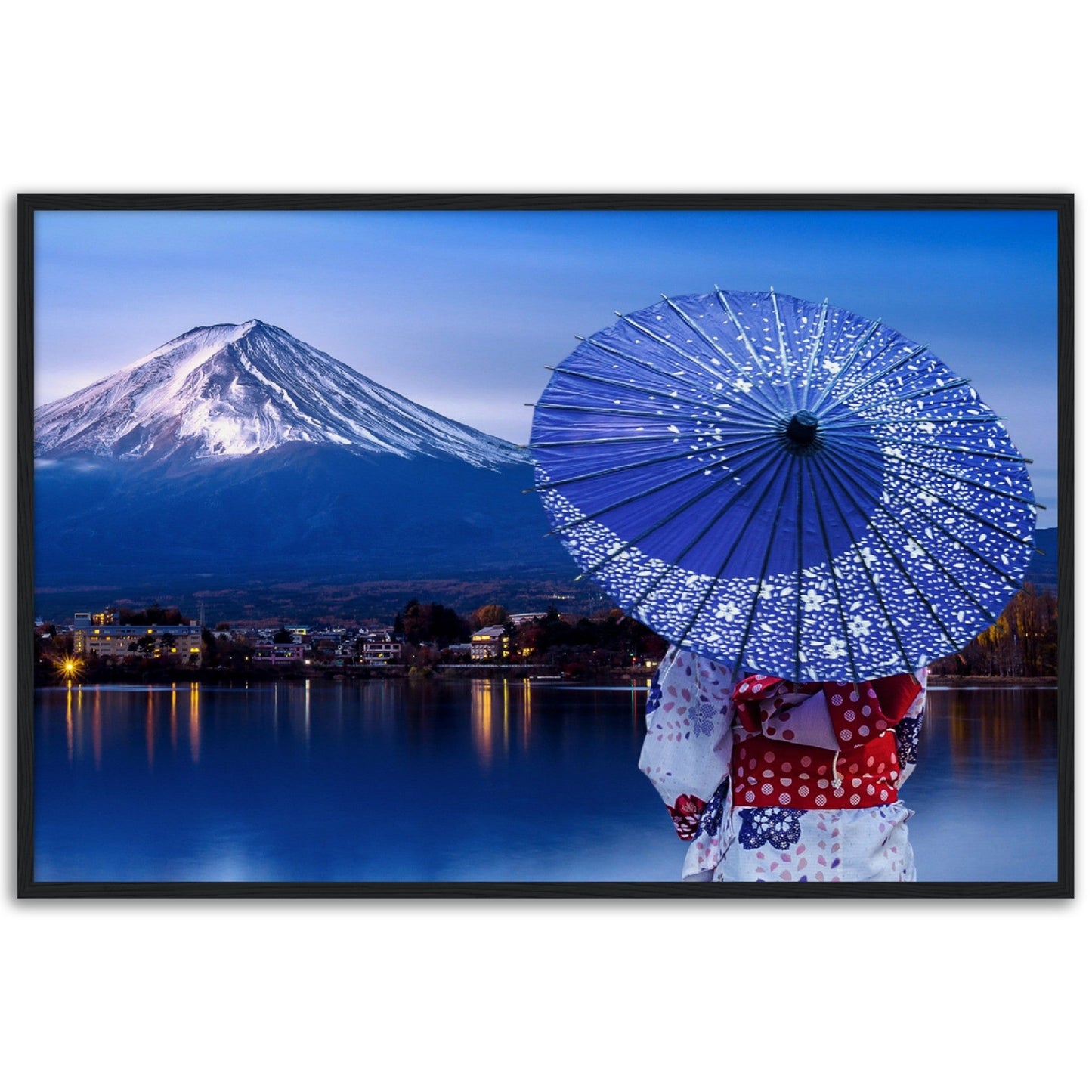 Museum-Quality Matte Paper Wooden Framed Poster - Woman wearing a Japanese traditional kimono at Fuji mountain, Kawaguchiko lake - JAPAN - Green Forest Home