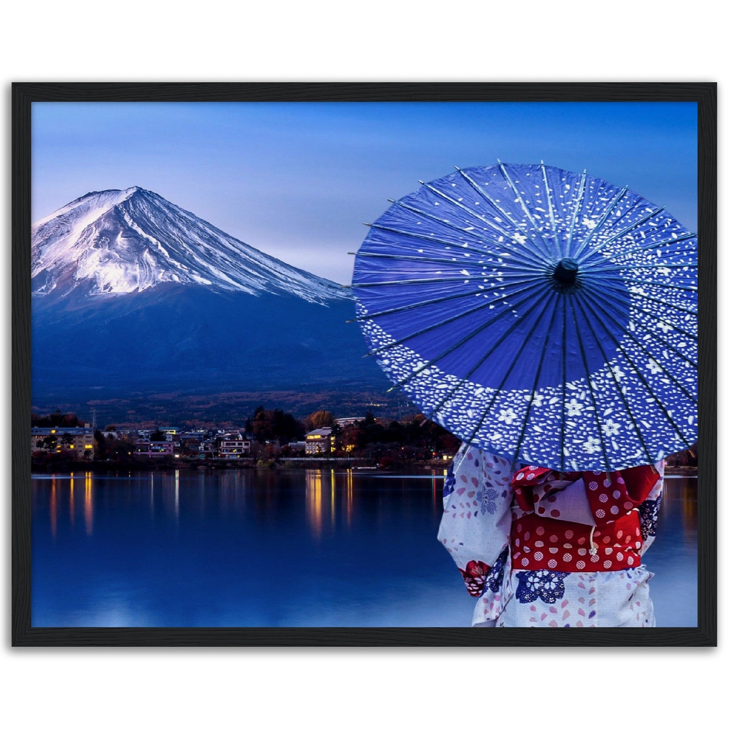 Museum-Quality Matte Paper Wooden Framed Poster - Woman wearing a Japanese traditional kimono at Fuji mountain, Kawaguchiko lake - JAPAN - Green Forest Home