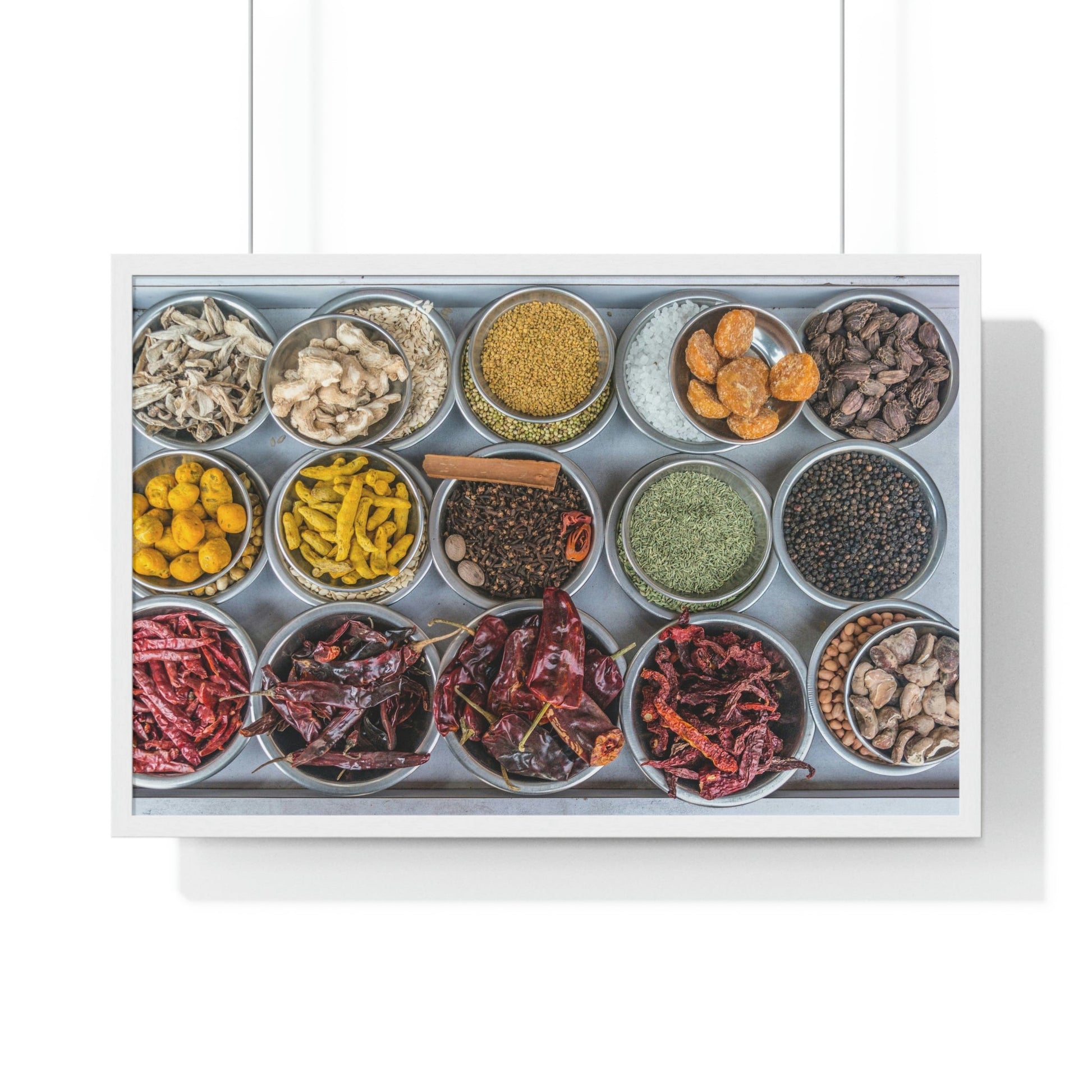 Premium Framed Horizontal Poster - Printed in LATVIA - Bowls filled with spices at a vendors stall in the largest spice market in Asia, the Khari Baoli section of Old Delhi - INDIA - Green Forest Home