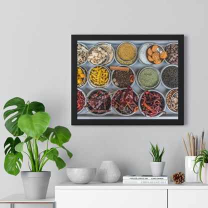 Premium Framed Horizontal Poster - Printed in LATVIA - Bowls filled with spices at a vendors stall in the largest spice market in Asia, the Khari Baoli section of Old Delhi - INDIA - Green Forest Home