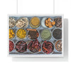 Premium Framed Horizontal Poster - Printed in LATVIA - Bowls filled with spices at a vendors stall in the largest spice market in Asia, the Khari Baoli section of Old Delhi - INDIA - Green Forest Home