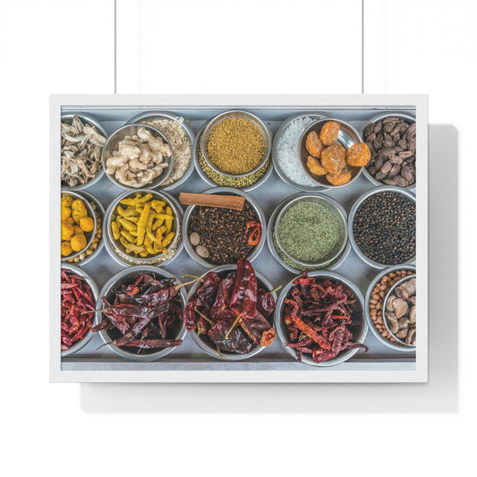 Premium Framed Horizontal Poster - Printed in LATVIA - Bowls filled with spices at a vendors stall in the largest spice market in Asia, the Khari Baoli section of Old Delhi - INDIA - Green Forest Home