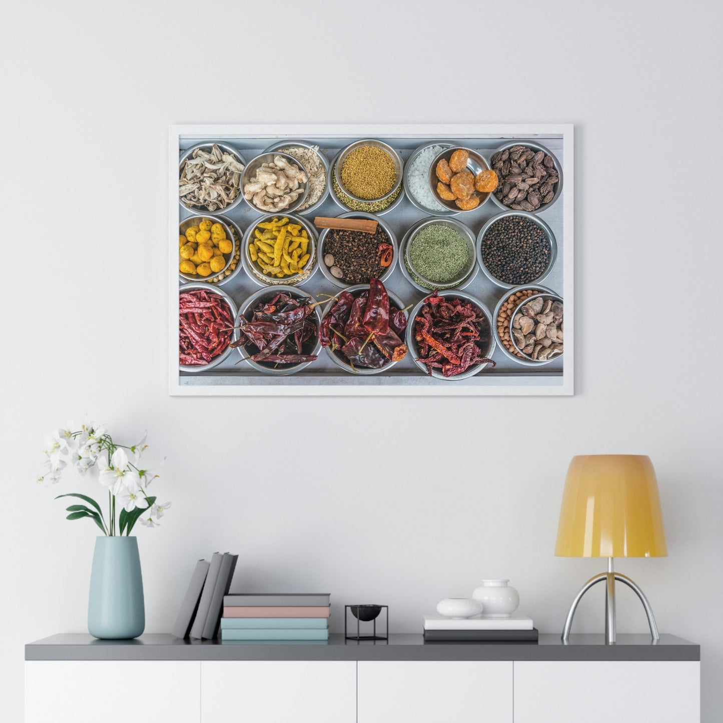 Premium Framed Horizontal Poster - Printed in LATVIA - Bowls filled with spices at a vendors stall in the largest spice market in Asia, the Khari Baoli section of Old Delhi - INDIA - Green Forest Home