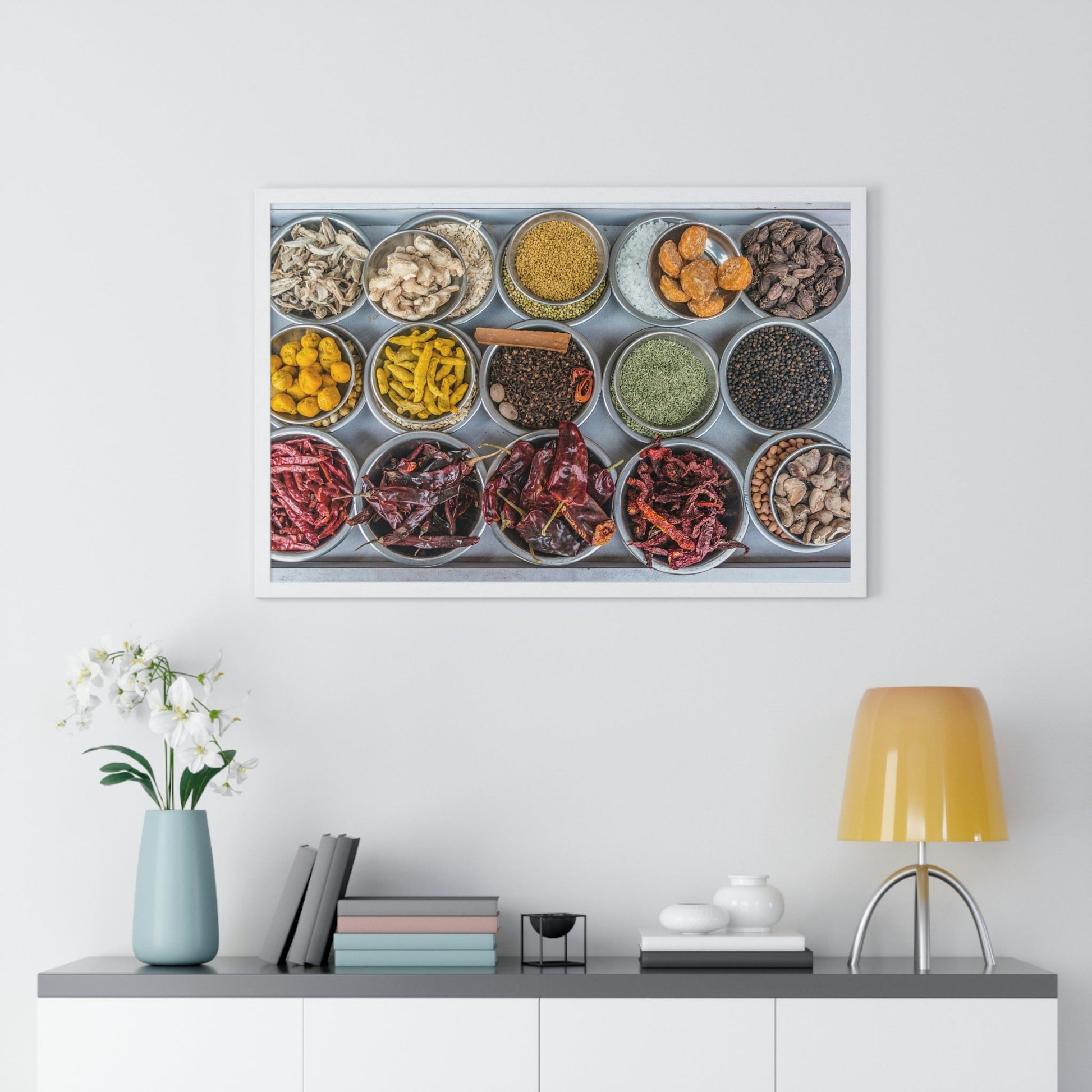Premium Framed Horizontal Poster - Printed in LATVIA - Bowls filled with spices at a vendors stall in the largest spice market in Asia, the Khari Baoli section of Old Delhi - INDIA - Green Forest Home