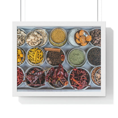 Premium Framed Horizontal Poster - Printed in LATVIA - Bowls filled with spices at a vendors stall in the largest spice market in Asia, the Khari Baoli section of Old Delhi - INDIA - Green Forest Home
