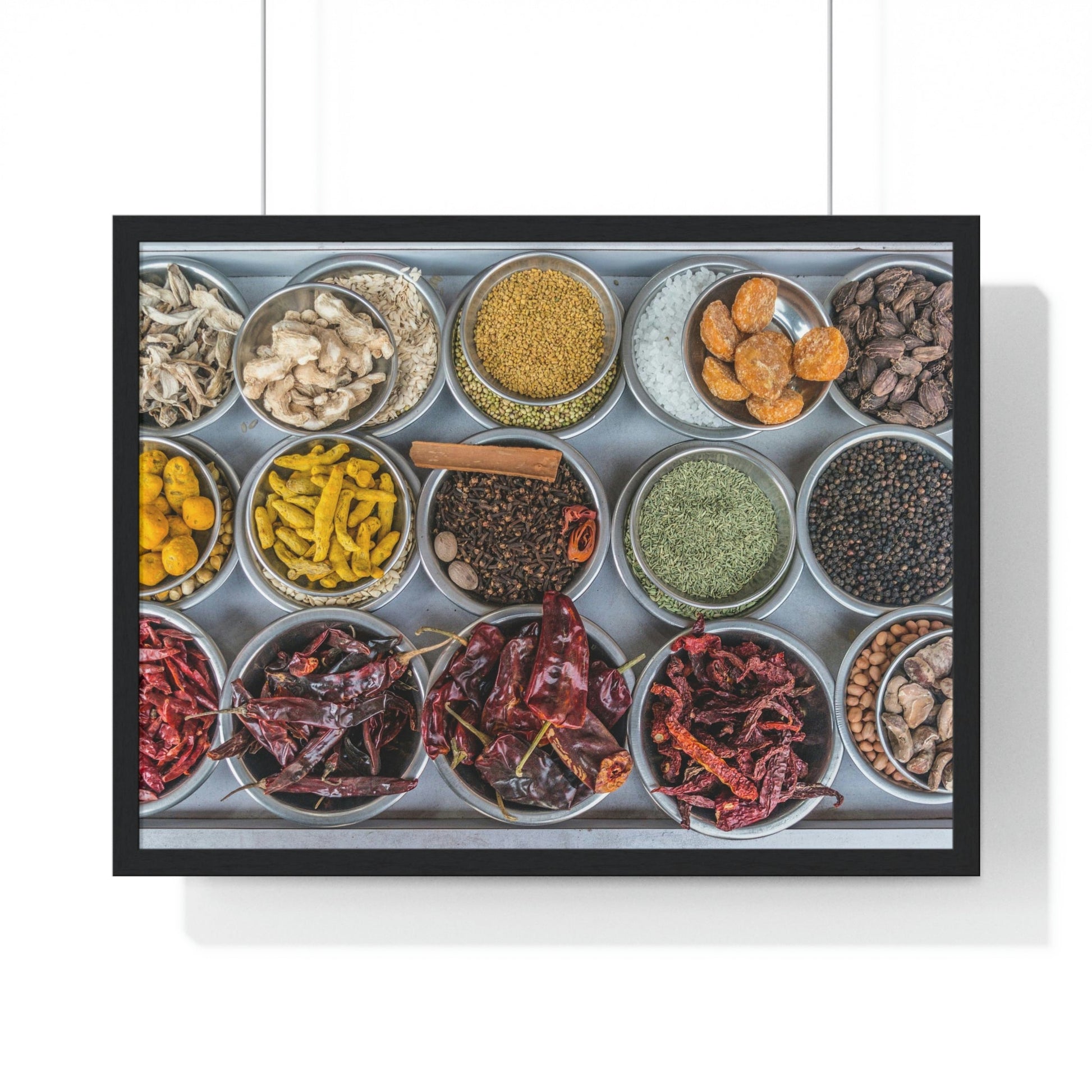 Premium Framed Horizontal Poster - Printed in LATVIA - Bowls filled with spices at a vendors stall in the largest spice market in Asia, the Khari Baoli section of Old Delhi - INDIA - Green Forest Home
