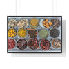 Premium Framed Horizontal Poster - Printed in LATVIA - Bowls filled with spices at a vendors stall in the largest spice market in Asia, the Khari Baoli section of Old Delhi - INDIA - Green Forest Home