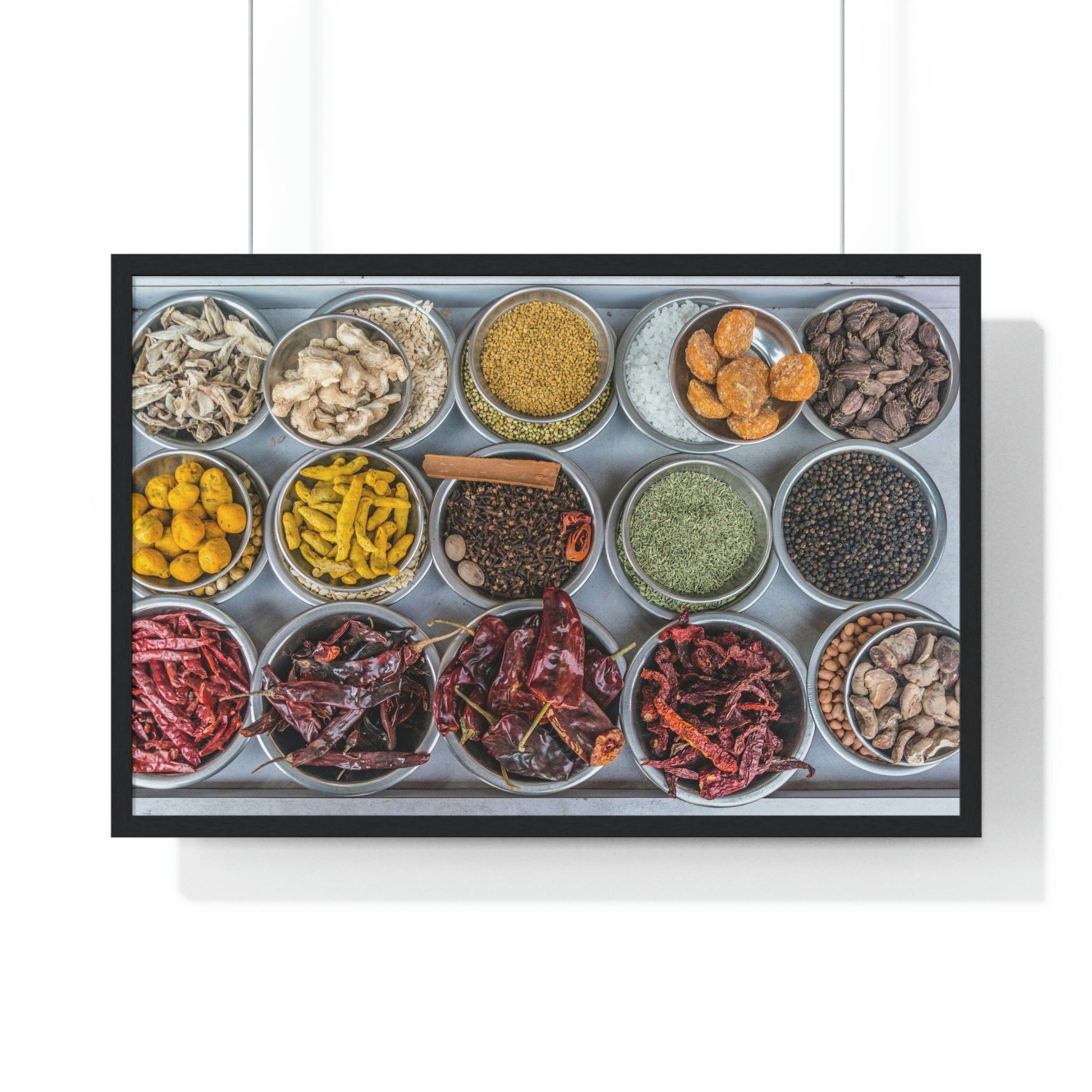 Premium Framed Horizontal Poster - Printed in LATVIA - Bowls filled with spices at a vendors stall in the largest spice market in Asia, the Khari Baoli section of Old Delhi - INDIA - Green Forest Home
