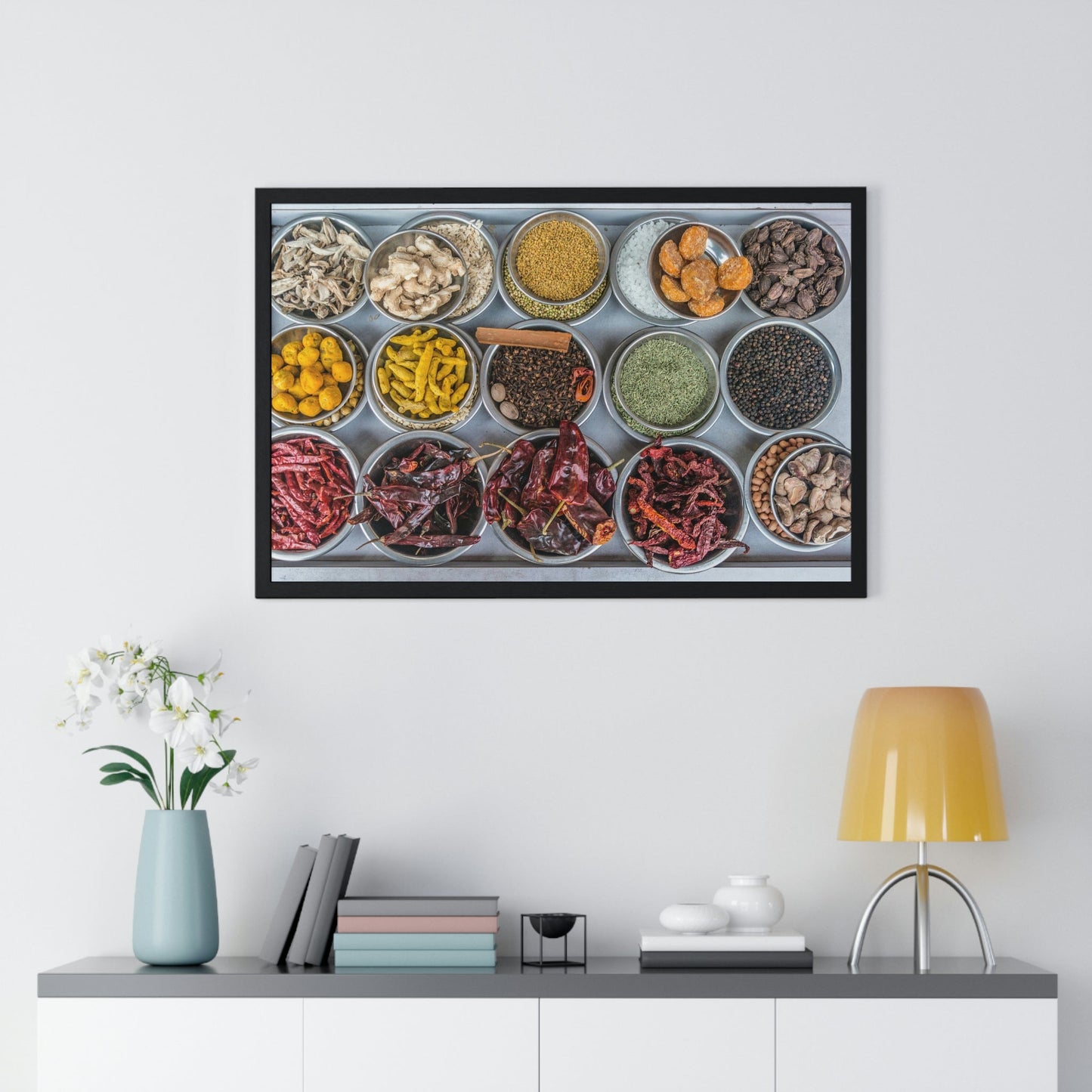 Premium Framed Horizontal Poster - Printed in LATVIA - Bowls filled with spices at a vendors stall in the largest spice market in Asia, the Khari Baoli section of Old Delhi - INDIA - Green Forest Home