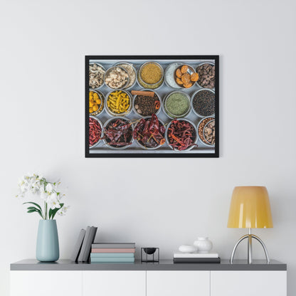 Premium Framed Horizontal Poster - Printed in LATVIA - Bowls filled with spices at a vendors stall in the largest spice market in Asia, the Khari Baoli section of Old Delhi - INDIA - Green Forest Home